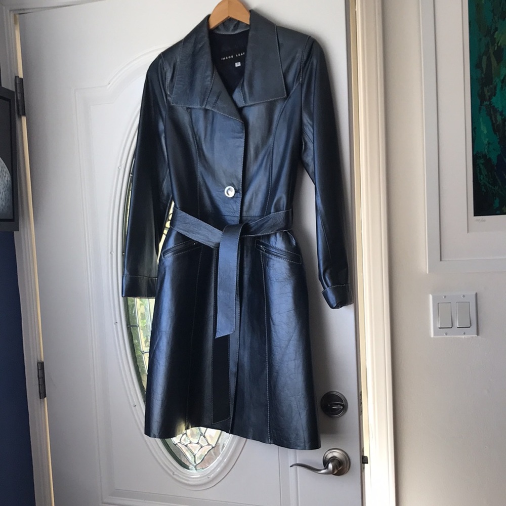 Custom made lamb leather iridescent gray blue trenchcoat